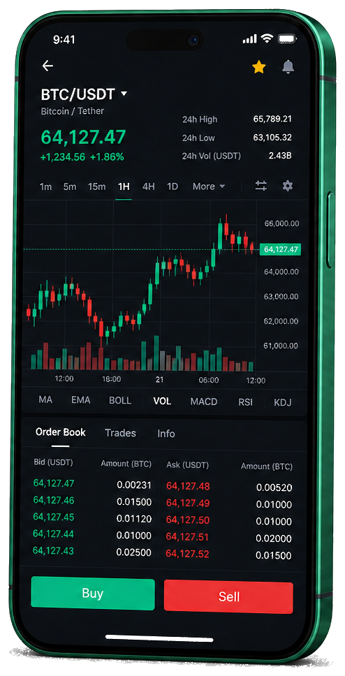 Pantalla móvil de trading de NeuroQuant v4 — cotizaciones BTC/USDT en tiempo real, libro de órdenes y funciones para supervisar operaciones